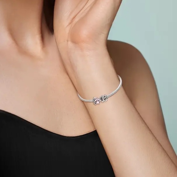 Women’s 925 Sterling Silver Love Script Charm with Pink Gem Paw Print - NWT - Picture 2 of 4